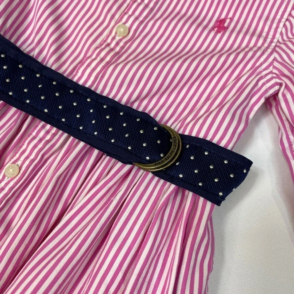 Ralph‎ Lauren Pink White Stripe Button Front Dress Navy Polka Dot Belt Size 12M